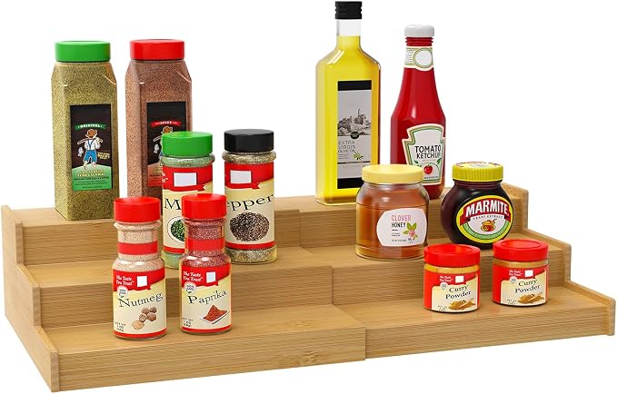 Spice Rack Organizer for Cabinet, 3 Tier Expandable Bamboo Spice Storage by Lenwi