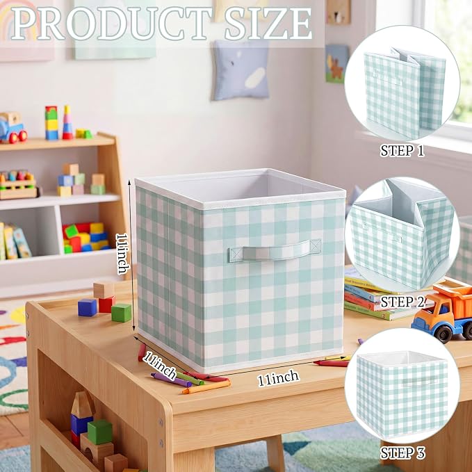 Yalikop 6 Pcs Green Gingham Cube Storage Bins, 11 Inch Fabric Checkered - Image 2