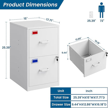 2 Drawer File Cabinet with Lock, 25.4" High Vertical Filing Cabinet, 17.7" Deep - Image 3