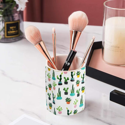 Pen Holder, Makeup Brush Holder Ceramic Shiny Gold Tropical Cactus Green - Image 3