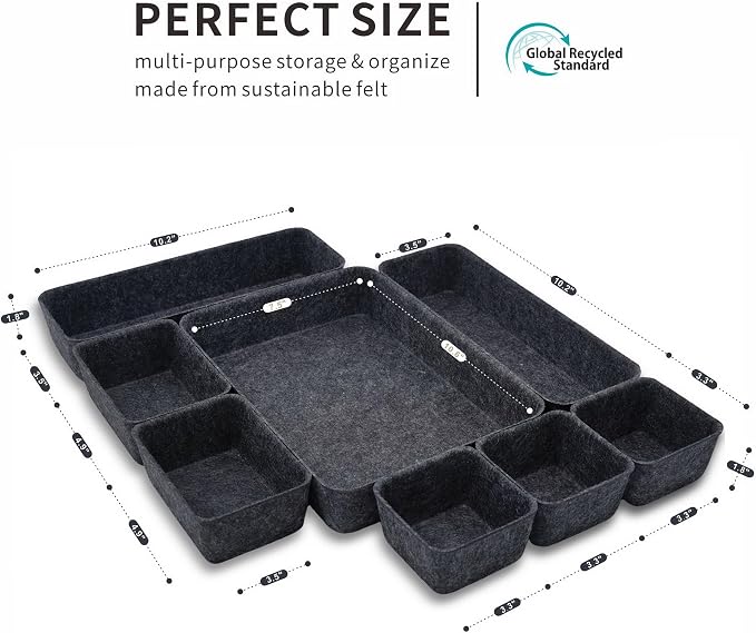 Welaxy Minimalist Felt Desk Drawer Organizer 8-Piece Charcoal Storage Bins - Image 7