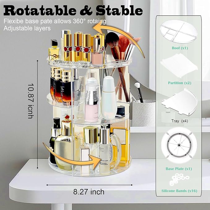 360 Rotating Makeup Organizer for Vanity Adjustable Cosmetic Display Case Large - Image 2