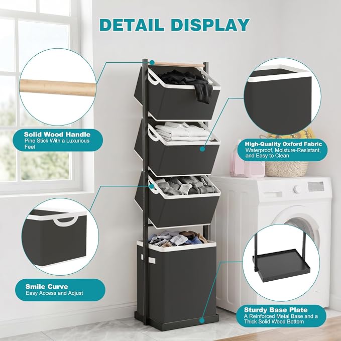 4-Tier Laundry Hamper Sorter, Vertical Laundry Sorter - Image 3