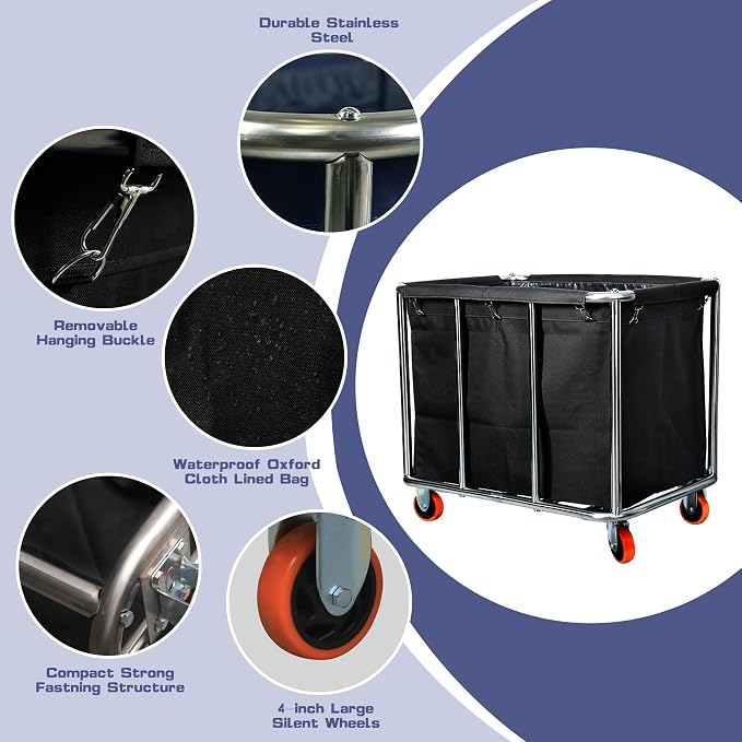 Commercial Laundry Cart with Wheels, 400L Large Capacity Heavy Duty Stainless - Image 3