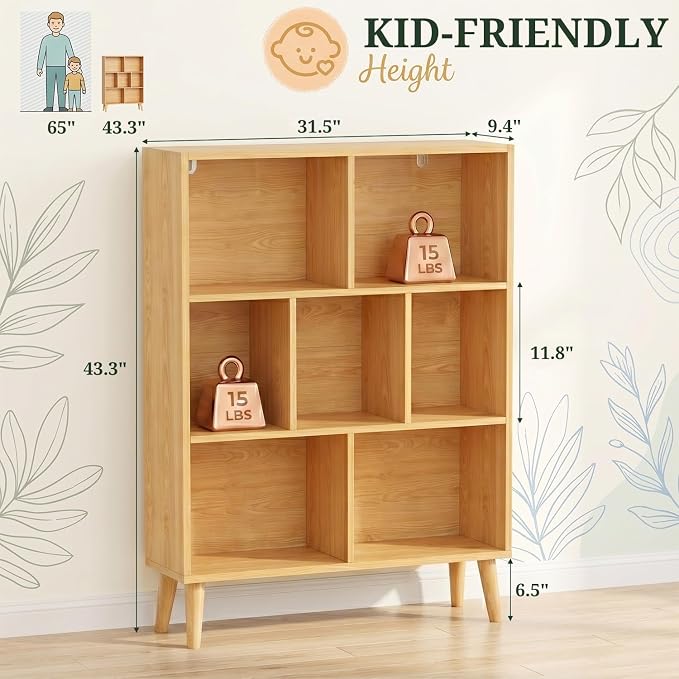 7 Cube Bookshelf, 3 Tier Mid-Century Modern Bookcase - Image 3
