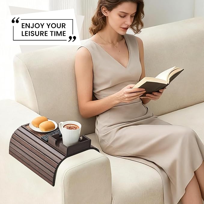 Bamboo Sofa Arm Tray Table, Foldable Couch Cup Holder, Anti-Slip Wide Couch Arm - Image 3