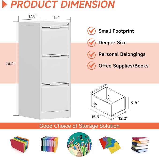 3 Drawer File Cabinet with Lock, Vertical Filing Cabinets - Image 2