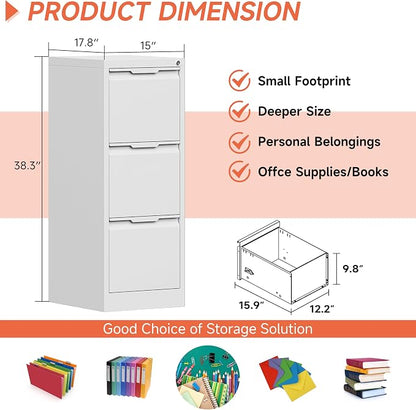 3 Drawer File Cabinet with Lock, Vertical Filing Cabinets - Image 2