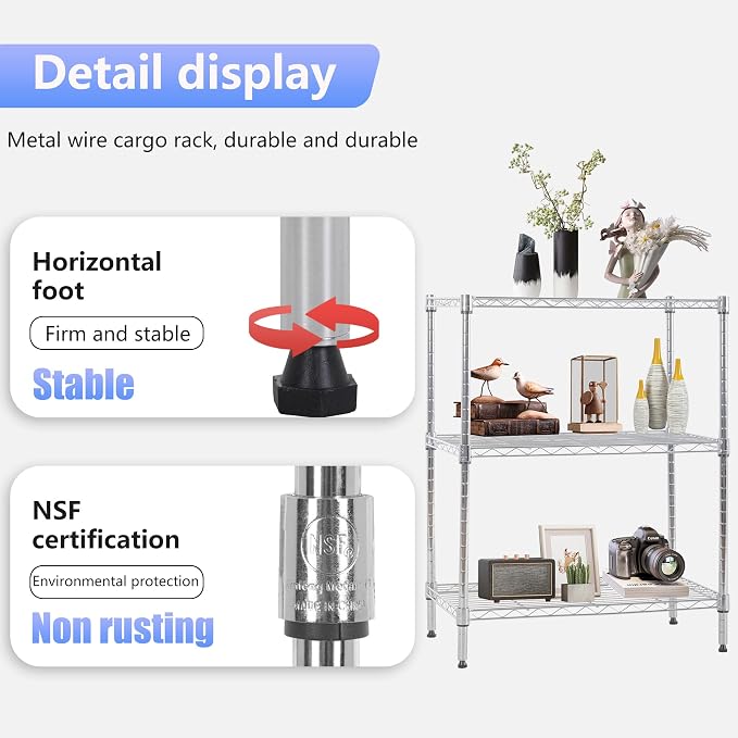 FDW 3 Tier Wire Shelving Units Metal Storage Rack 23L x 13W x 30H Adjustable - Image 5