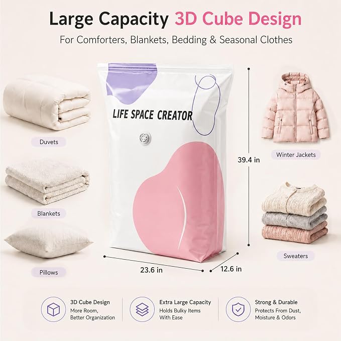 3 Pack No Pump Vacuum Storage Bags, 23.6 x 12.6 x 39.4 in | Large capacity - Image 3