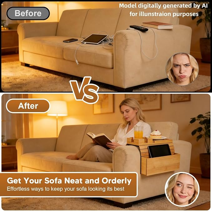Bamboo Foldable Couch Arm Tray Storage Caddy - Image 6
