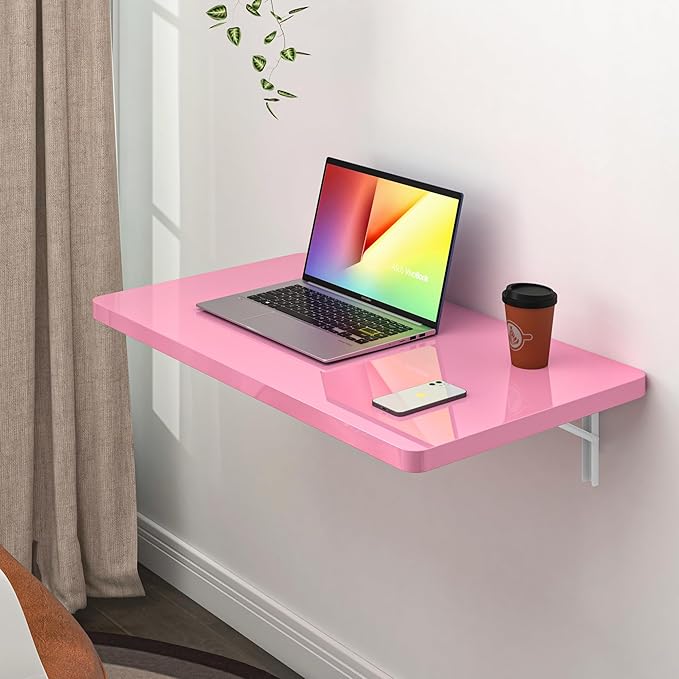 Clikuutory Pink Wall Mounted High Gloss Folding Table, Wall Desk Fold Down by Turnyourhouseintoahome