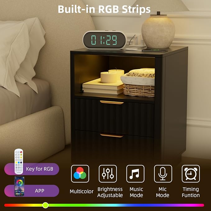 VOWNER Fluted Nightstand with Charging Station, 18” RGB Night Stand with 2 - Image 4
