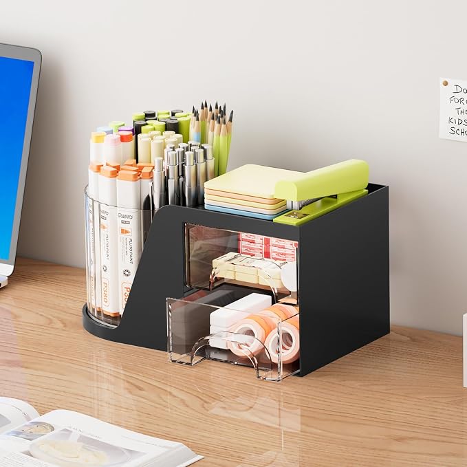 Marbrasse Desk Organizer with 2 Drawer, 360°Rotating Pen Holder, Desk - Image 4