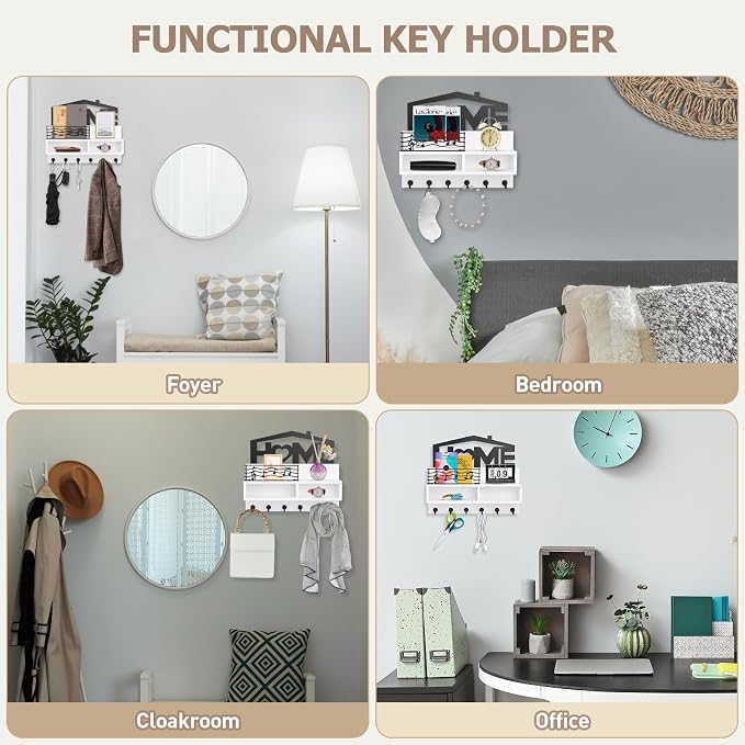 VIS'V Key Holder Wall Mount, Decorative Wood Mail and Key Organizer, Small Shelf - Image 7