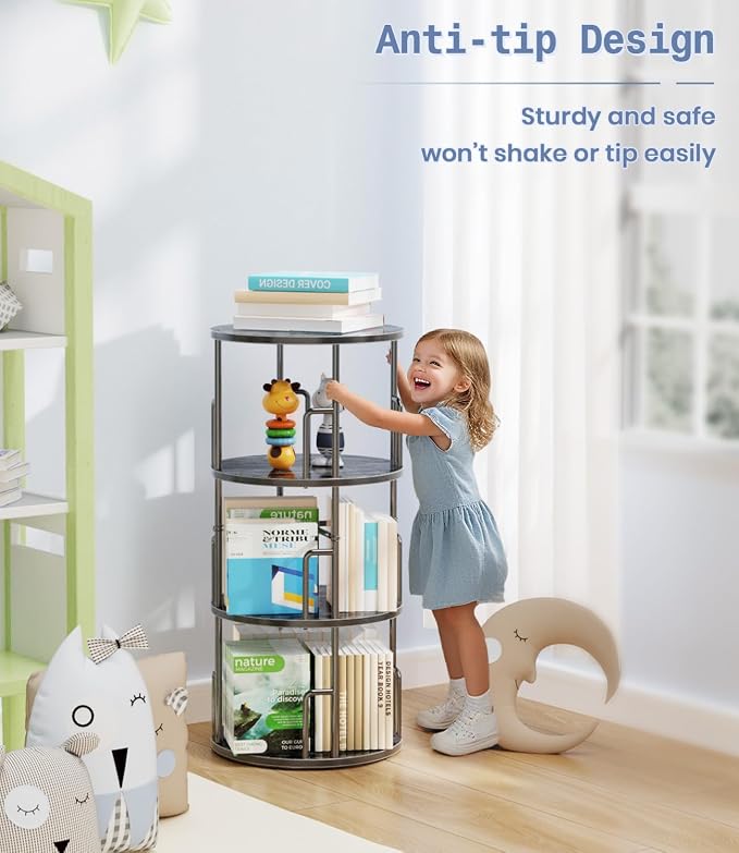 3 Tier Rotating Bookshelf Tower Round Black, 37”Floor Standing Spinning - Image 6