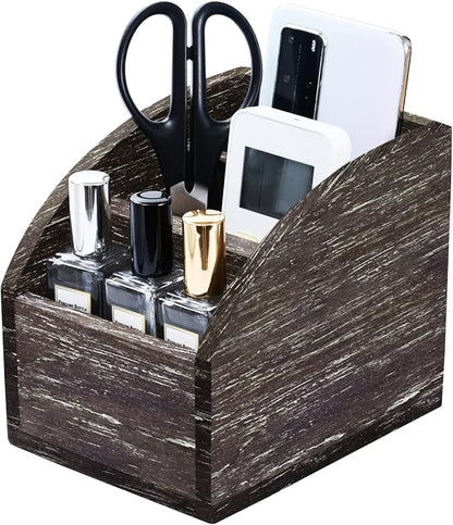 Rustic Brown Wooden Desk Organizer Farmhouse Wood Remote Control Caddy - Image 6
