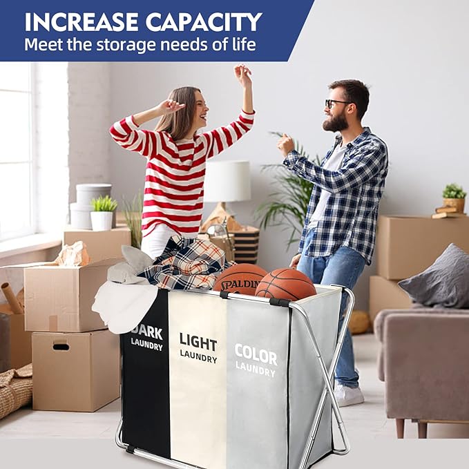 180L Laundry Basket Sorter, Large 3 Section Collapsible Laundry Hamper - Image 7