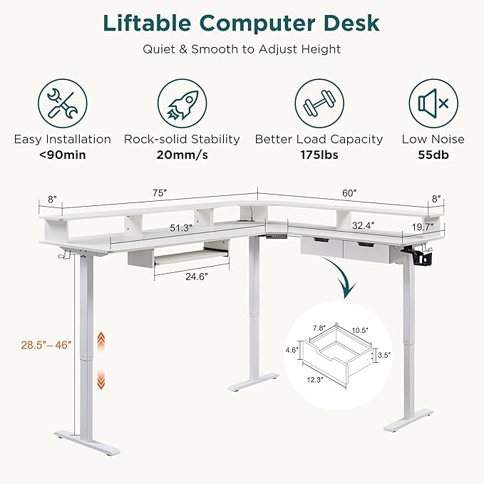 RedLemon 75X60 Inches L Shaped Electric Standing Desk, Height Adjustable Corner - Image 2