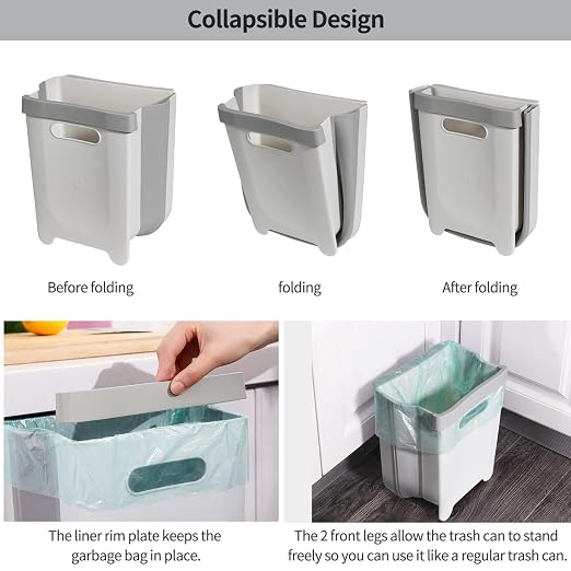 Hanging Collapsible Trash Can - 9L Wall Mounted Foldable Waste Bin - Image 3
