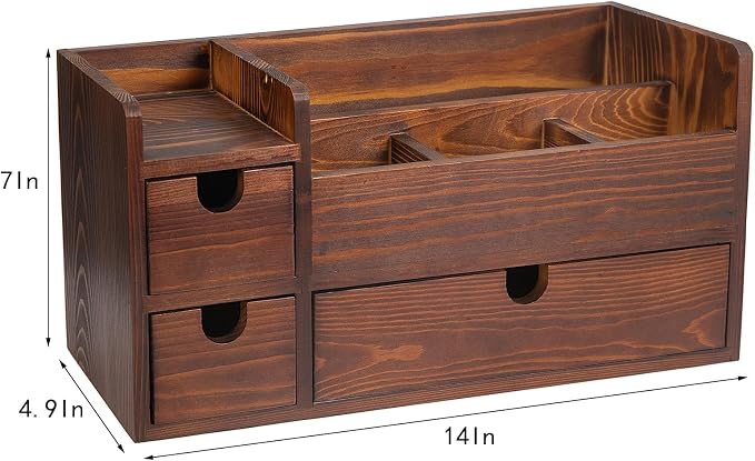 Rustic Brown Wooden Desktop Organizer Drawers Removable Office Supplies Torched - Image 2