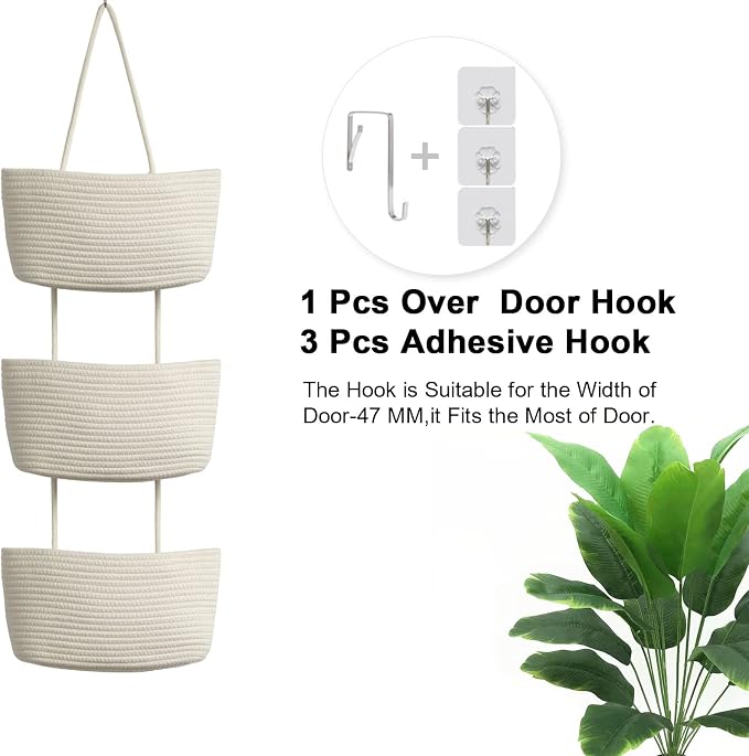 TeoKJ Over the Door Hanging Basket, 3-Tier Woven Cotton Wall-Mounted Storage - Image 6