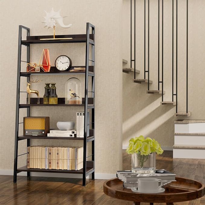 Himimi Industrial Ladder Shelf, Rustic 5 Tier Leaning Bookshelf, Wood Metal - Image 2