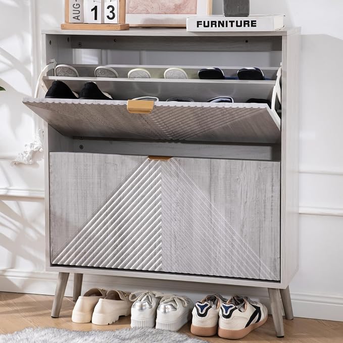 oakvivo Shoe Cabinet with 2 Flip Drawers, Freestanding Shoe Organizer with 4 - Image 8