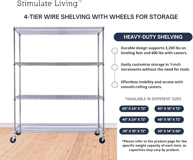 60"x18"x72" Prime Heavy Duty Chrome 4-Tier Wire Shelving NSF 3200 LBS MAX - Image 5