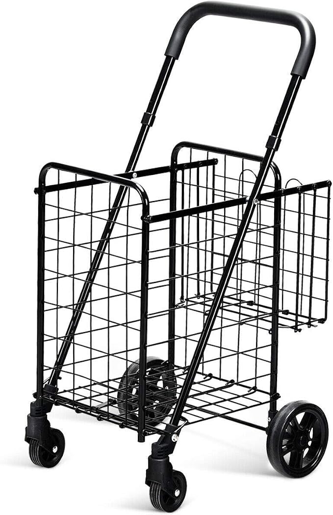 Goplus Folding Shopping Utility Cart, Double Basket and 360° Swivel Wheels - Image 4