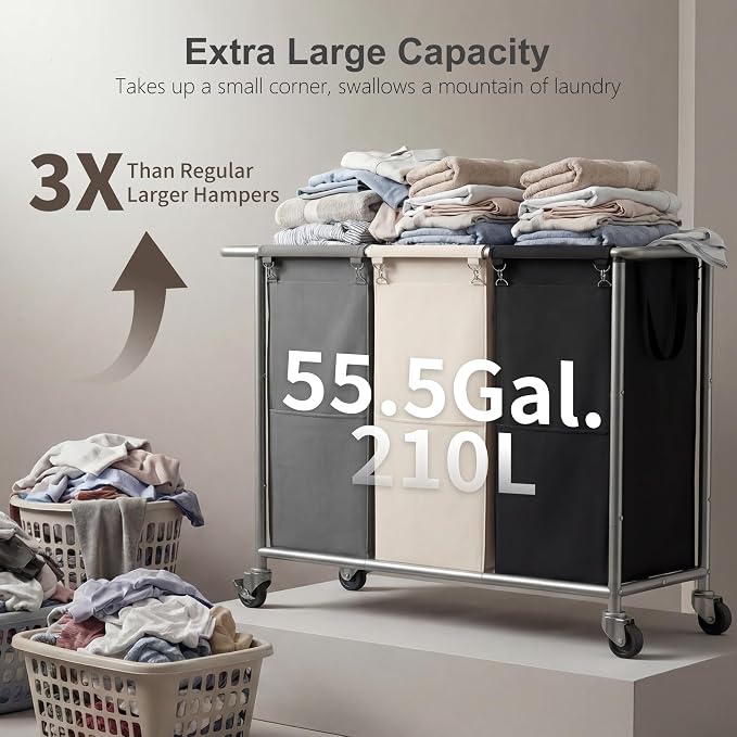 Heybly 3-Section Laundry Sorter Hamper, Rolling Laundry Hamper - Image 2