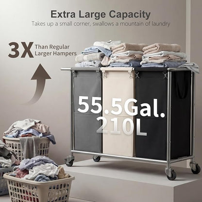 Heybly 3-Section Laundry Sorter Hamper, Rolling Laundry Hamper - Image 2