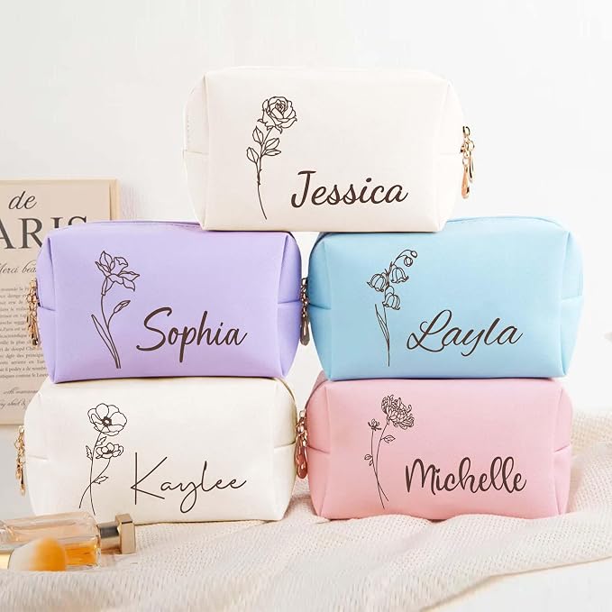 Personalized Makeup Bag with Name & Birth Flower, Custom Leather Cosmetic Bags - Image 2