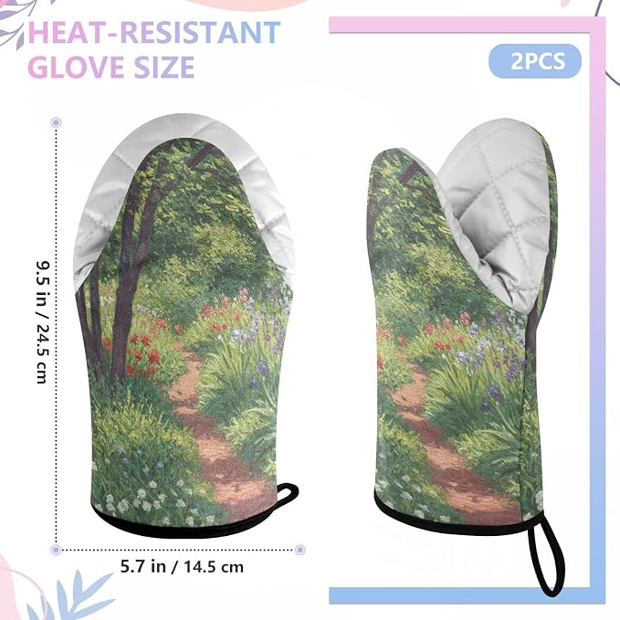 Heat Resistant Oven Mitts, Spring Plants Flowers Tree Scene Kitchen Gloves - Image 3
