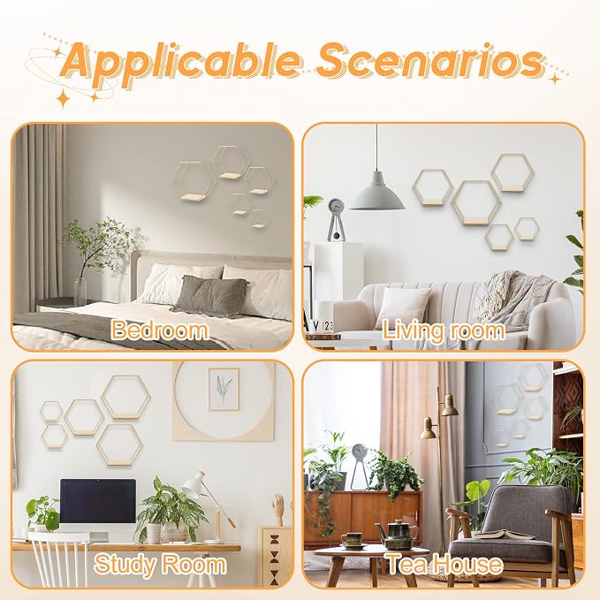 Wall Mounted Hexagonal Floating Shelves Set of 5 in Different Sizes, Modern - Image 7