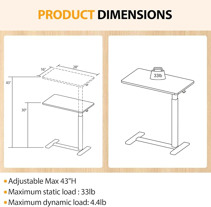 Overbed Table with Hidden Wheels, Height Adjustable Medical Bed Table Hospital - Image 2