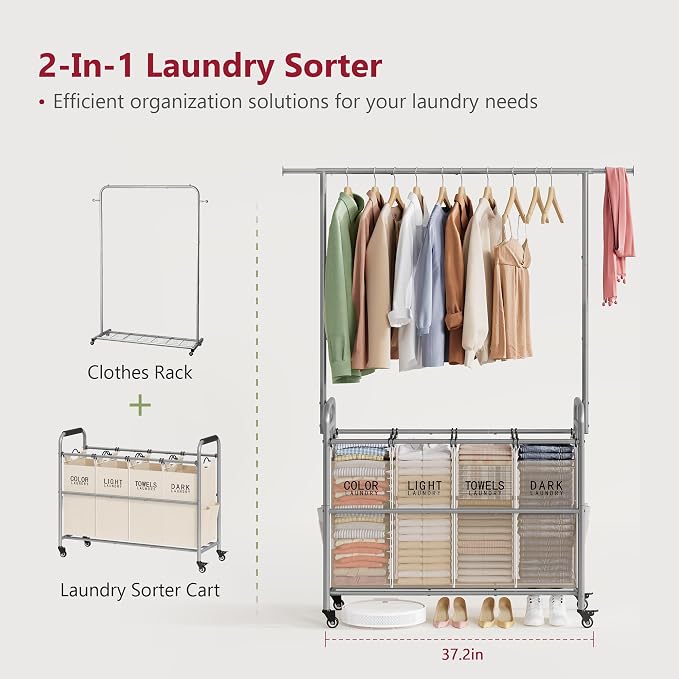 Tajsoon Laundry Hamper with Hanging Rack, Laundry Sorter 4 Sections, 4 Basket - Image 3