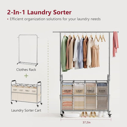 Tajsoon Laundry Hamper with Hanging Rack, Laundry Sorter 4 Sections, 4 Basket - Image 3