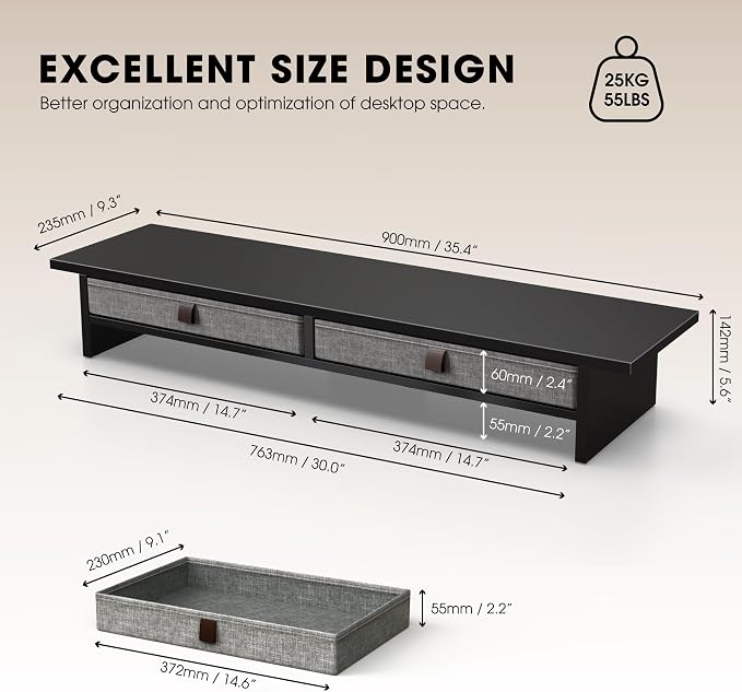 Fenge Monitor Stand with Drawer, 2 Tiers Dual Monitor Riser - Image 5