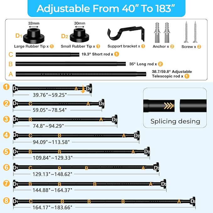 Extra Long Tension Curtain Rod 40-183In Black, 1.26In Diameter | Snap-Lock - Image 2