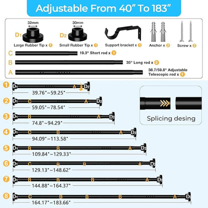 Extra Long Tension Curtain Rod 40-183In Black, 1.26In Diameter | Snap-Lock - Image 2