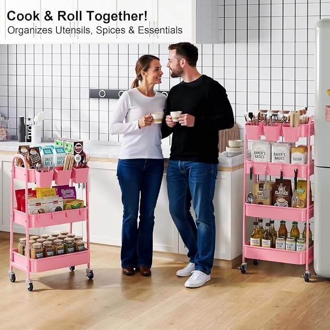 4 Tier Rolling Cart Metal with Lockable Wheels, Four Tiered Pink Trolley Cart - Image 7