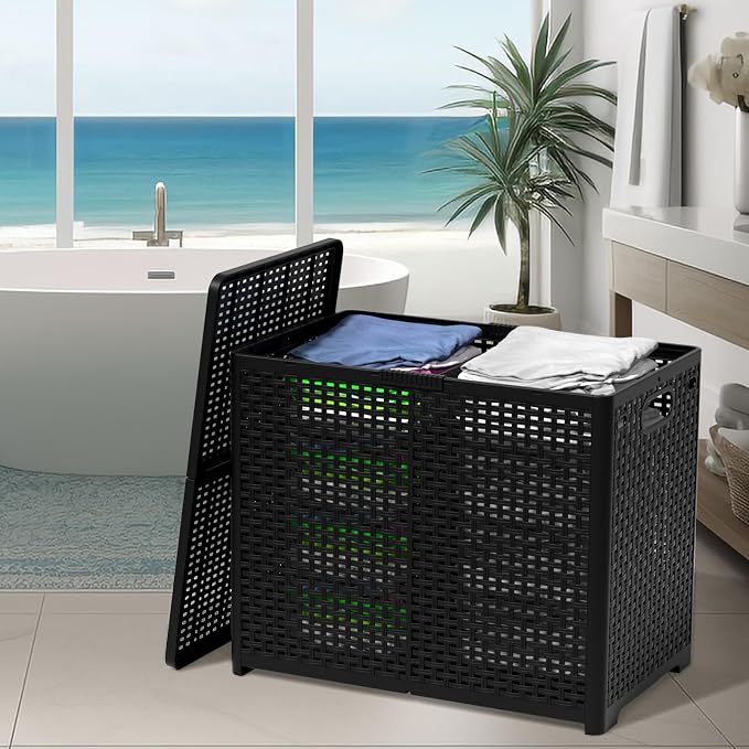 Asking 80L Collapsible 2 Section Divided Clothe Hamper, Double Laundry Hamper - Image 5