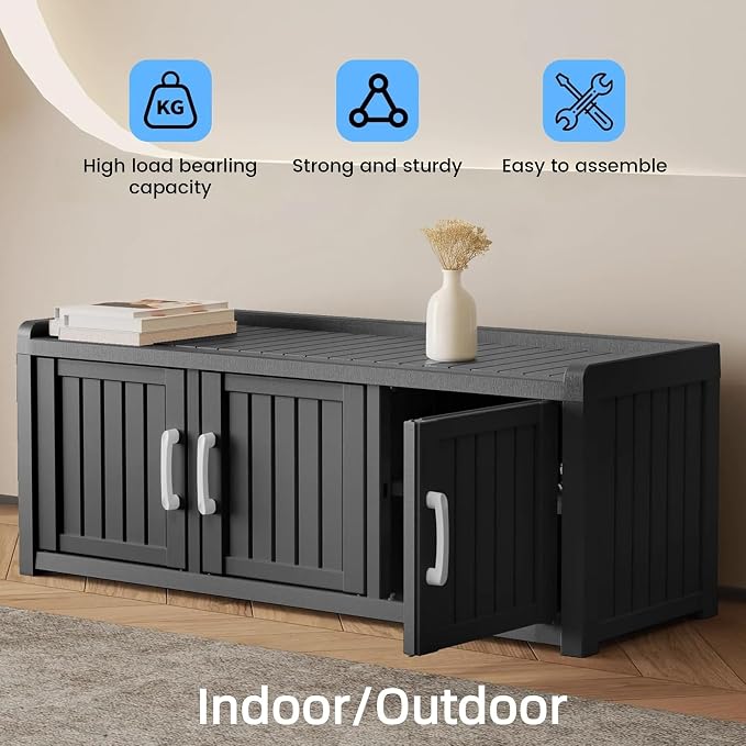 3 Doors Shoe Bench, Waterproof & UV-Resistant, Resin Shoe Cabinet Indoor & - Image 5