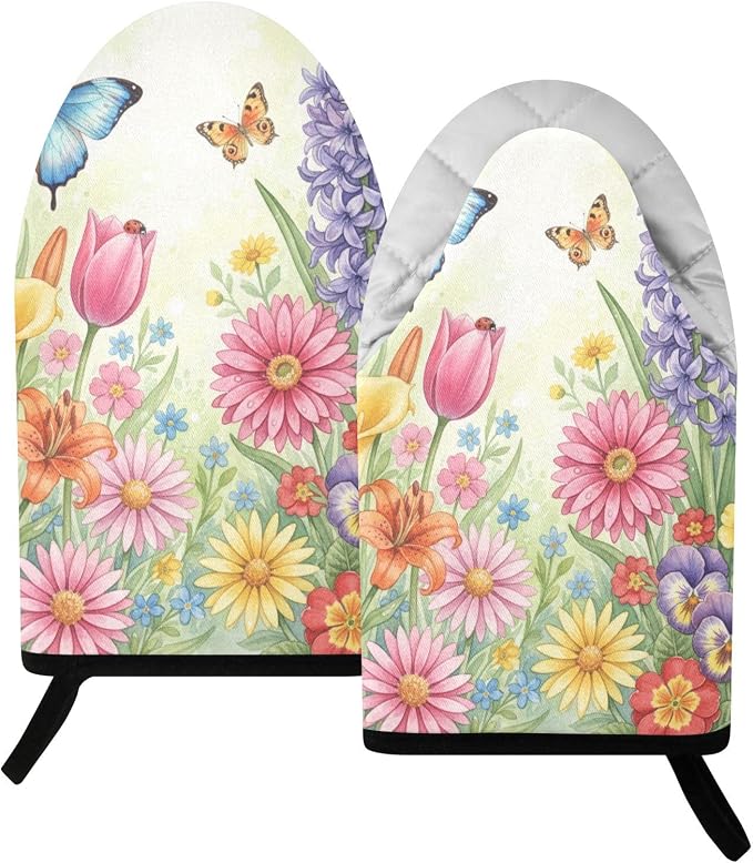 Heat Resistant Oven Mitts, Spring Flowers Floral Butterflies Kitchen Gloves by JSTEL