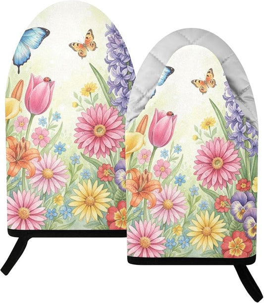 Heat Resistant Oven Mitts, Spring Flowers Floral Butterflies Kitchen Gloves by JSTEL