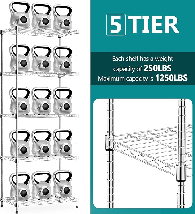 IZEUK 5-Tier Chrome Metal Storage Shelves, Adjustable Wire Shelving Unit - Image 3