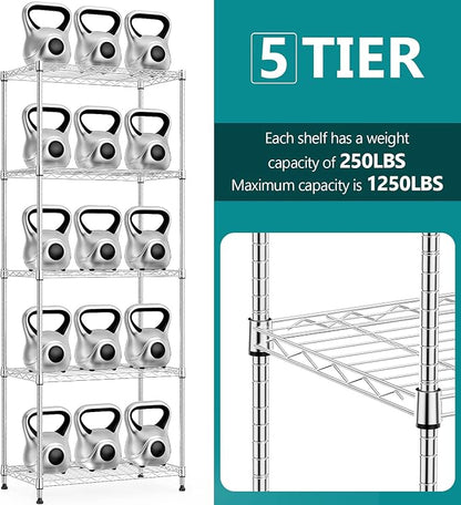 IZEUK 5-Tier Chrome Metal Storage Shelves, Adjustable Wire Shelving Unit - Image 3