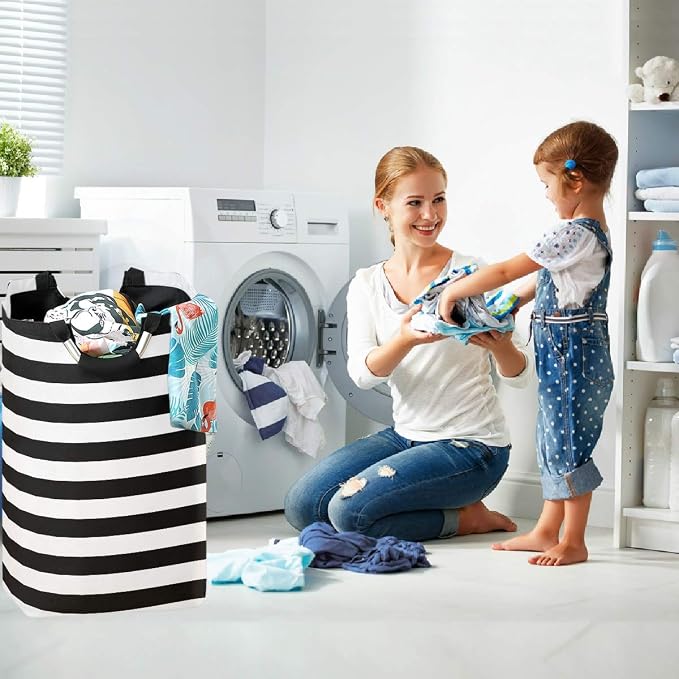 Black White Stripe Large Laundry Hamper - Image 5