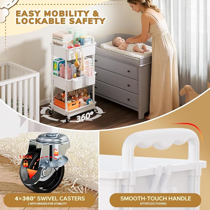 Goovilla Diaper Cart with Lockable Wheels and Easy Assembly, 3 Tier White - Image 5